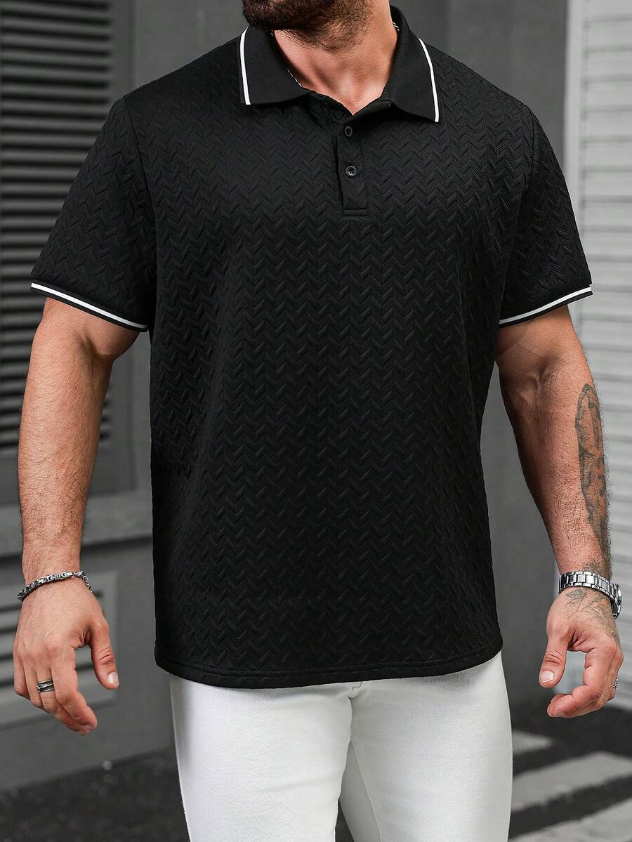 EGENSIO Black Textured Short Sleeve Casual Summer Versatile Polo Shirt - Black - View 1