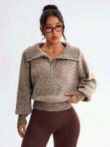 Dewbera Women's Turndown Collar Zip-Up Casual Sports Sweater