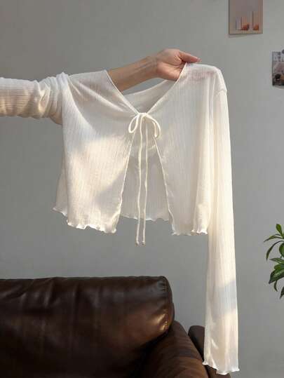 Resyla 蕾丝边吊带连衣裙罩衫，长袖针织薄纱罩衫，女士夏季