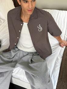 SWAVVY 男士格子短袖单排扣休闲通勤衬衫 - 棕色 - 查看 7