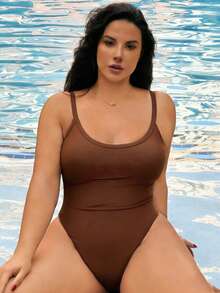 Swim SXY Áo tắm liền thân cỡ lớn dành cho nữ, màu trơn, gợi cảm, thanh lịch, dây mảnh, thích hợp cho bãi biển và kỳ nghỉ hè. - màu nâu - Xem 3