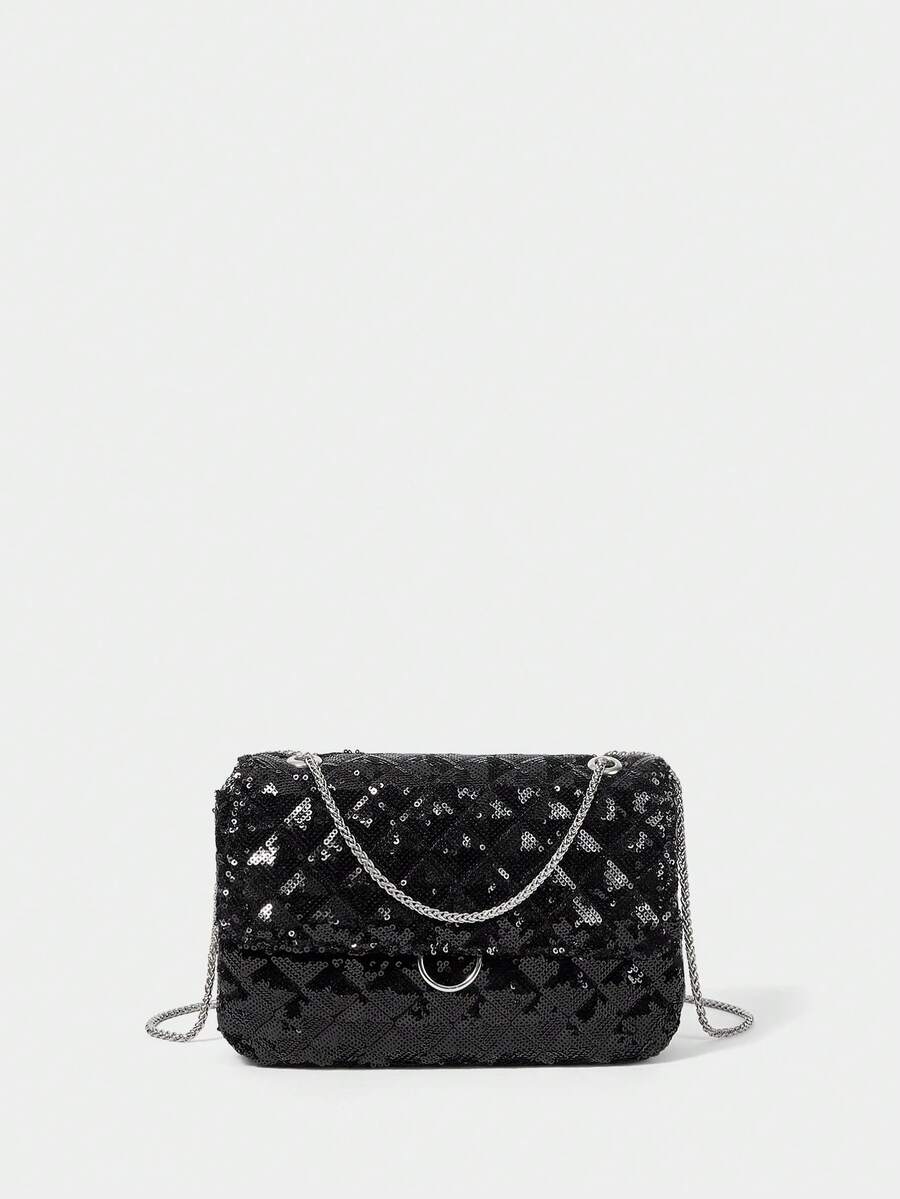 SHECARRY Party Sequined Quilted Flip Bag Slanted Shoulder Bag, Suitable For Dinners And Parties - Black - View 1