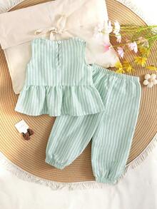 SHEIN Baby Girls' Spring Casual Resort Round Neck Bamboo Striped Cotton Blouse + Loose Fit Pants Shirt Set, Suitable For Vacation And Daily Casual Wear - Green - View 2