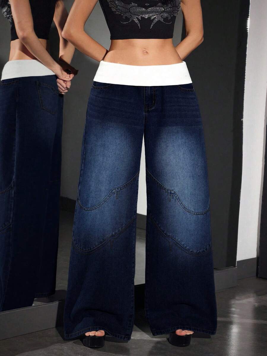 Jeanoix Große Größen Jeans mit kontrastierendem Bund, lässig und vielseitig mit weitem Bein - Dunkle Waschung - Übersicht 1