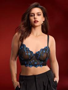 EmpressEnvy Plus Size Thin Blue Floral Embroidery Supportive Sexy Lingerie - Blue - View 1