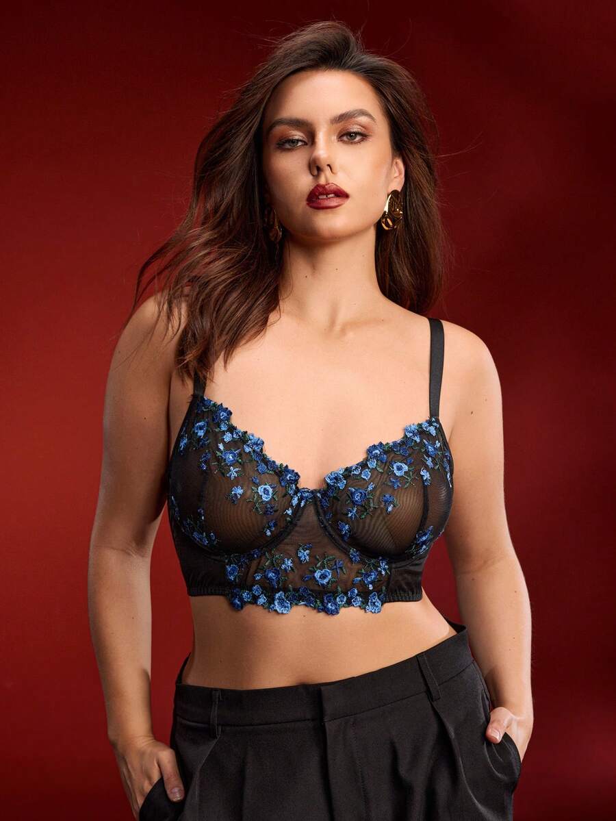 EmpressEnvy Plus Size Thin Blue Floral Embroidery Supportive Sexy Lingerie - Blue - View 1