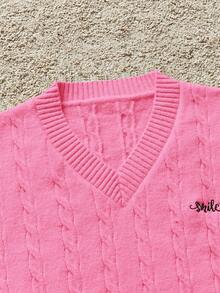 Manfinity CasualKnits Men's V-Neck Cable Knit Letter Embroidery Pattern Casual Versatile Autumn/Winter Travel Sweater Vest Argyle Vest Pink Men's Pink Sweater Vest Pink Vest Sleeveless Sweater V-Neck Vest Cable Knit Vest - Pink - View 7