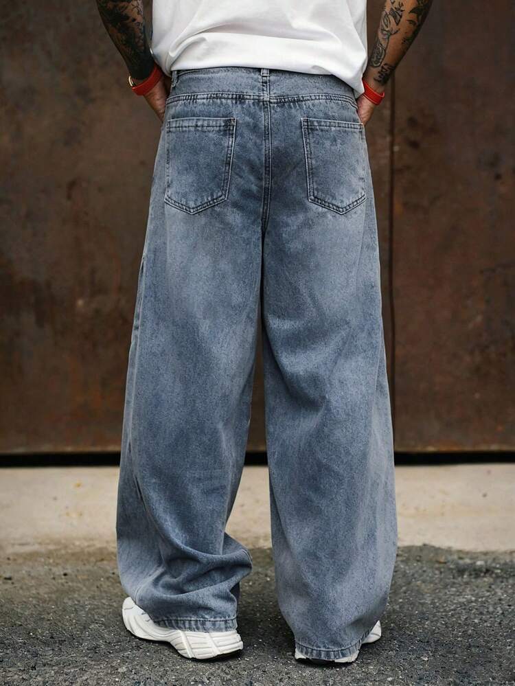 Men's Loose Fit Wide Leg Washed Jeans, Solid Color, Autumn