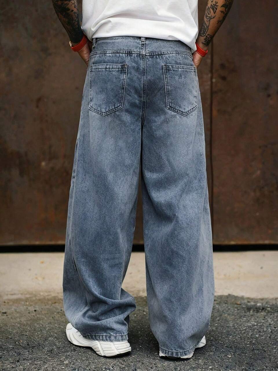 Men's Loose Fit Wide Leg Washed Jeans, Solid Color, Autumn