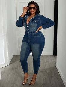 SHEIN CURVE+ Bộ áo liền quần dài tay cổ bẻ cài nút thắt eo dáng rộng dành cho nữ cỡ lớn, kiểu dáng thường ngày, chất liệu vải mềm mại, thoải mái. - Rửa tối - Xem 5