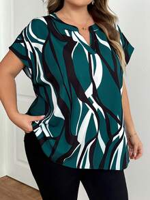 SHEIN CURVE+ Plus Size Women's Printed V-Neck Batwing Short Sleeve Casual Shirt Women Blouses Summer Tops Shirts - Multicolor - View 5