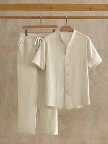 HIMLAND 男士休闲V领短袖梭织衬衫套装（2件/套） - 杏色 - 查看 5