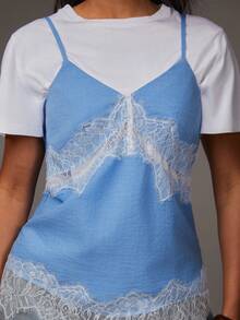 Athîral 女士休闲度假蓝色蕾丝拼接吊带背心 - 藍色 - 查看 2