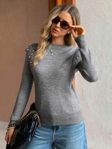 Elyressa Jersey de cuello redondo de manga larga con adornos de perlas para mujer - Gris - Ver 7