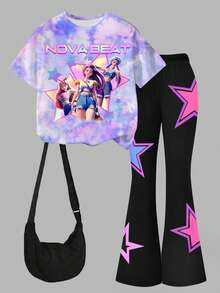 Bộ đồ cho bé gái tuổi teen, kiểu dáng thường ngày, in họa tiết tie-dye K-POP, gồm áo thun ngắn tay cổ tròn và quần ống loe in hình ngôi sao, thích hợp cho các hoạt động thường ngày vào mùa xuân/hè. - Nhiều màu - Xem 3