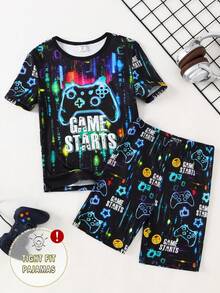 SHEIN GraphicGems 2pcs/Set Gamer Boy Graphic Print Glowing Round Neck Short Sleeve T-Shirt And Shorts Pajama Set, Stretchy Soft Knit Fabric - Multicolor - View 1