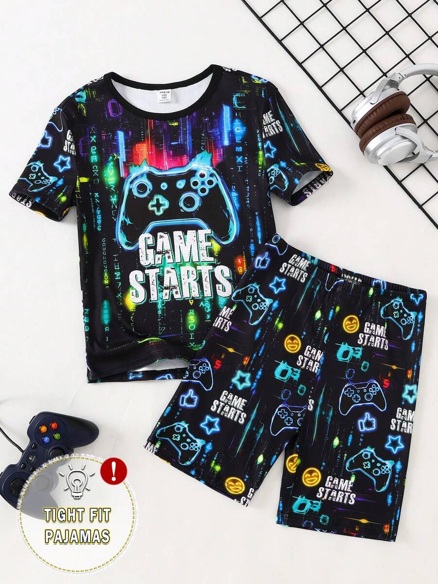 SHEIN GraphicGems 2pcs/Set Gamer Boy Graphic Print Glowing Round Neck Short Sleeve T-Shirt And Shorts Pajama Set, Stretchy Soft Knit Fabric - Multicolor - View 1