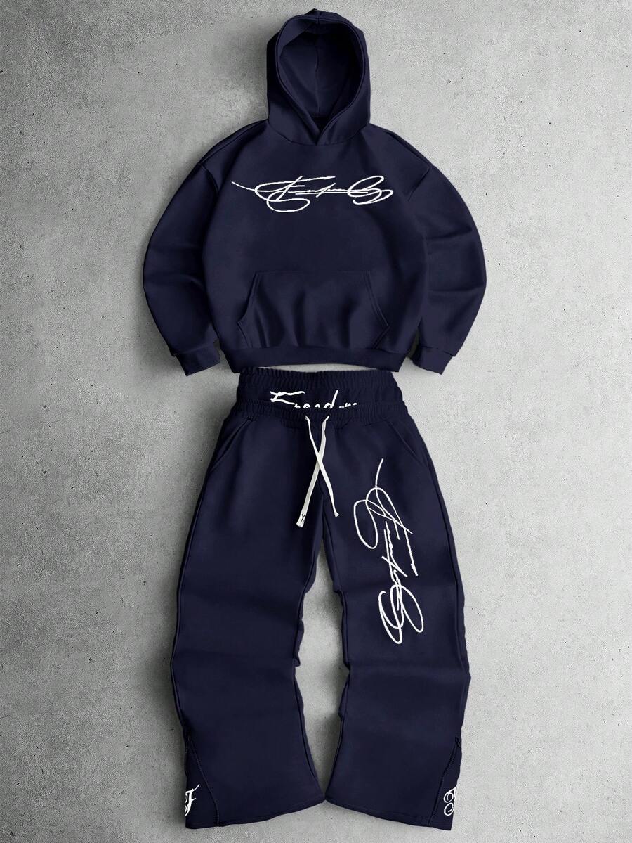 PAVTROS 男士街头风流行INS风二合一抽绳腰拉链下摆自由刺绣户外音乐节夜店男友/老公礼物周年纪念礼物浅灰色连帽衫和裤子套装 - 藏蓝色 - 查看 1