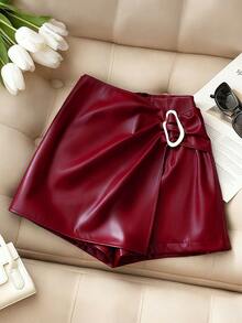 Franclia 女士休闲时尚街头风PU皮短裙，适合毕业典礼、教师节、返校季等场合 - 紅色 - 查看 4
