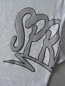 PAVTROS Áo thun nam cổ tròn tay ngắn in chữ kèm quần short cạp rút, trang phục thường ngày - Xám - Xem 7