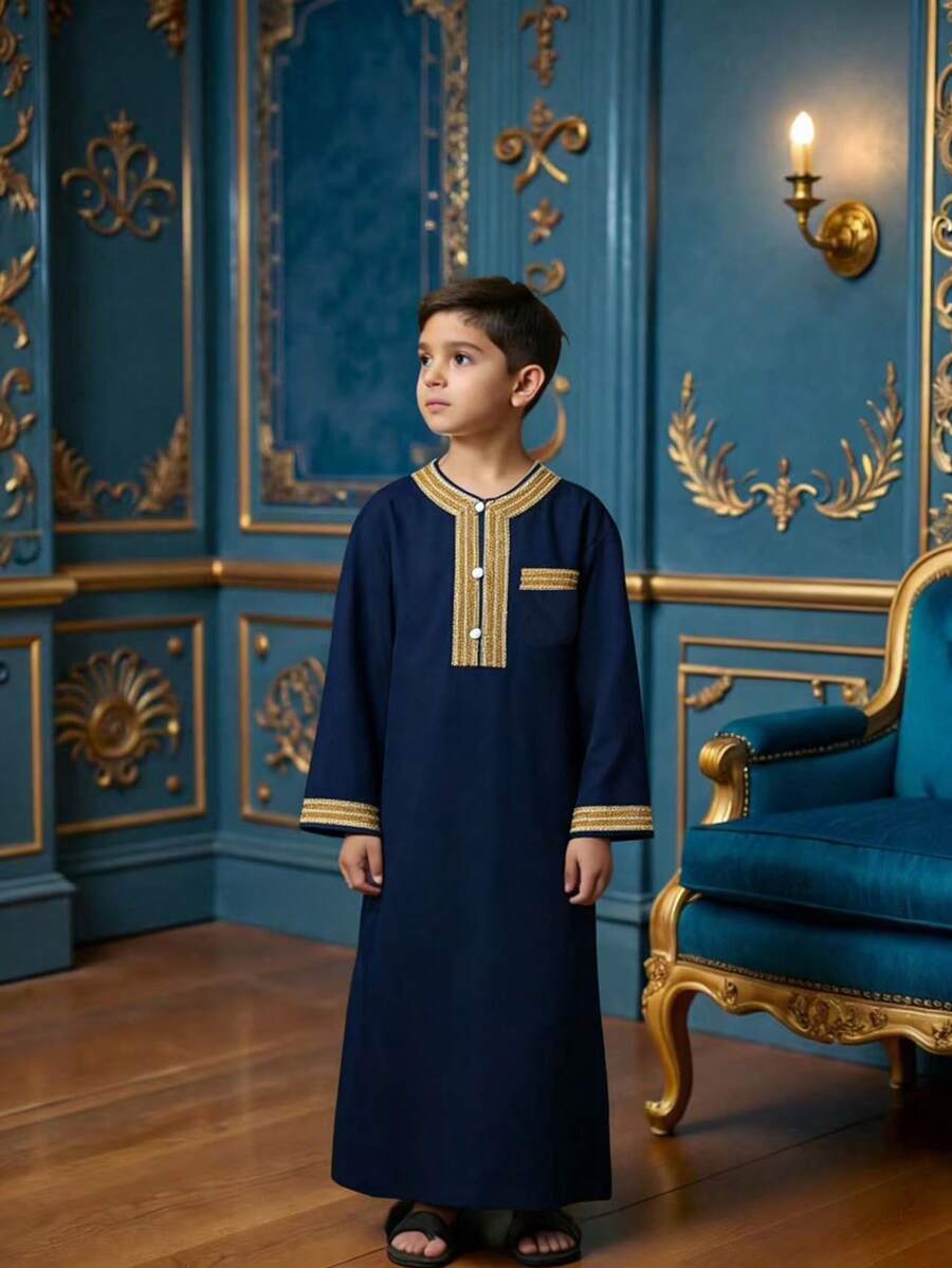 SHEIN Boys' Elegant Gold-Trimmed Long Robe Shirt, Spring/Summer - Navy Blue - View 1