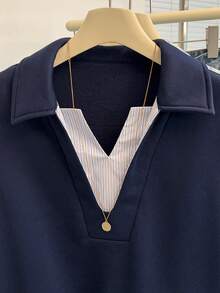 Noixe 新款女士蓝色条纹衬衫袖拼接卫衣，二合一 - 藏蓝色 - 查看 3