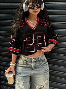 Slaydiva 女士休闲V领宽松短款五分袖网眼T恤，适合夏季穿着，也适合运动比赛。 - 彩色 - 查看 6