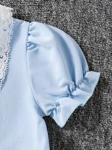 Young Girl' Cute Lace Collar Puff Sleeve Patchwork Tulle Textured Fabric Casual Elegant Dress - Blue - View 6