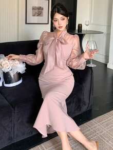 DAZY 女士优雅拼接系领泡泡袖褶裥中长连衣裙，秋冬款