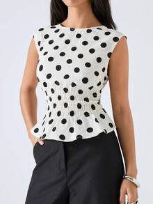 LYSMO Women's White Polka Dot Short Sleeve Cropped Top, Spring/Summer New Arrival - Beige - View 5