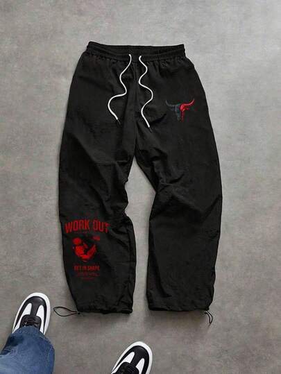 Sport MetroGents Men's Letter & Graphic Print Drawstring Waist Black Sports Pants Windbreaker Pants Mens Gym Pants Gym Pants Black Track Pants Baggy Gym Clothes