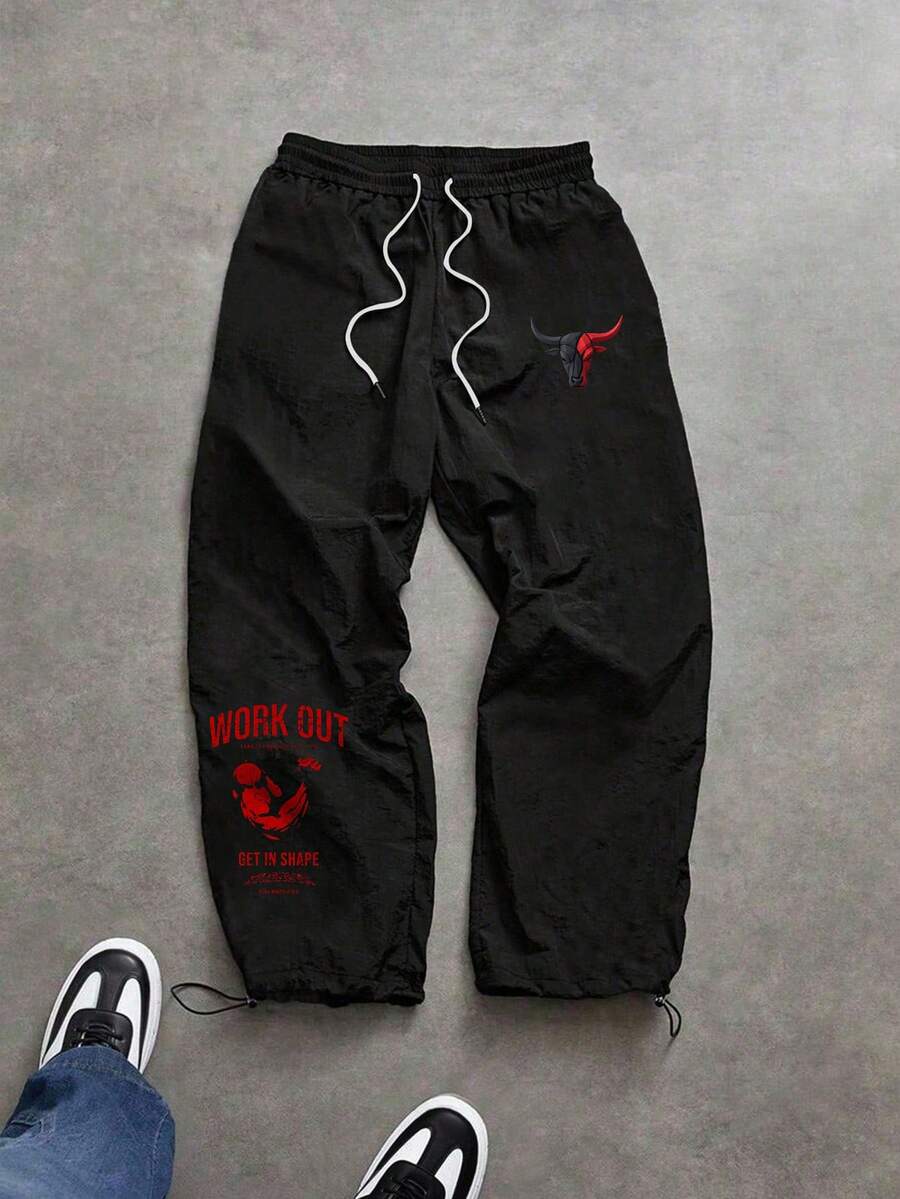 Sport MetroGents 男士字母印花抽绳腰黑色运动裤防风裤健身裤黑色运动裤宽松健身服运动裤 - 黑色 - 查看 1
