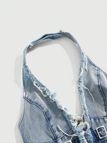 ROMWE Hippie Women's Sexy Deep V-Neck Sleeveless Denim Top With Fringe Hem And Waist Buckle Design - Light Wash - View 4