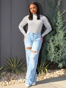 Steph T Jeans con botón con abertura desgarro crudo de pierna ancha - Lavado ligero - Ver 1