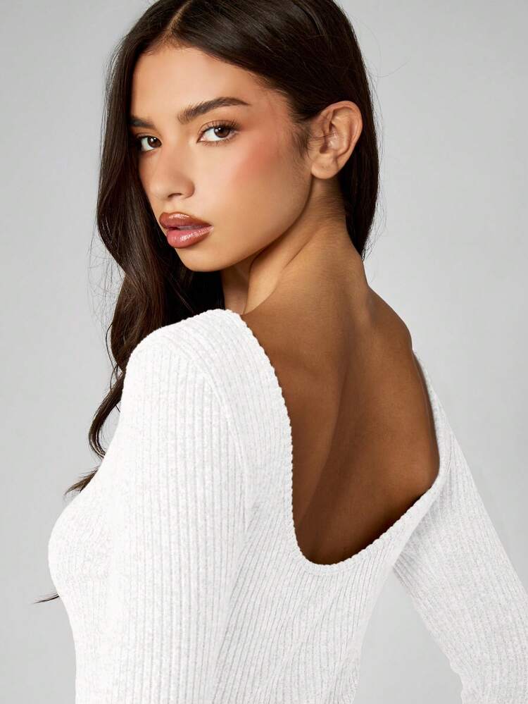 MISSGUIDED Robe pull côtelée mini à manches longues, épaules dénudées, moulante, confortable, pour l'automne et l'hiver