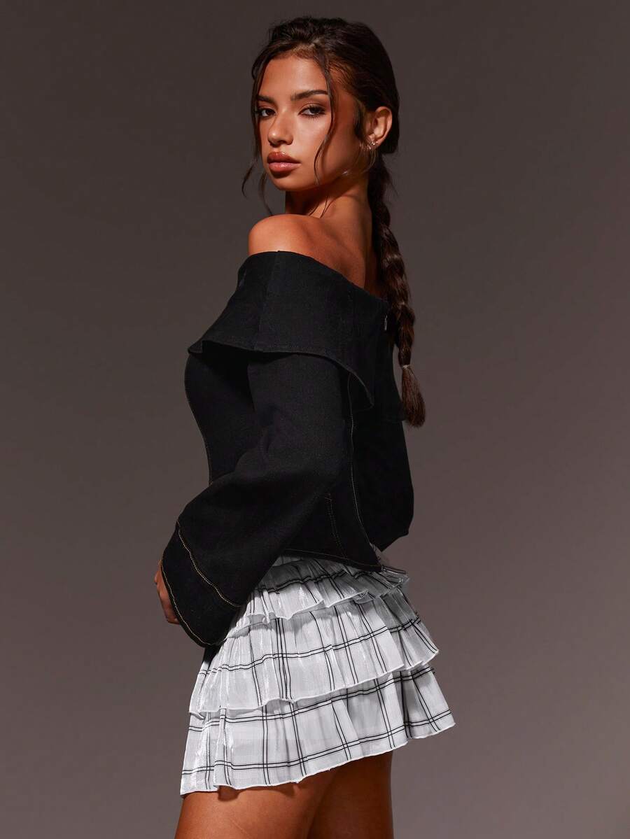 Athîral 女士休闲露肩长袖牛仔衬衫