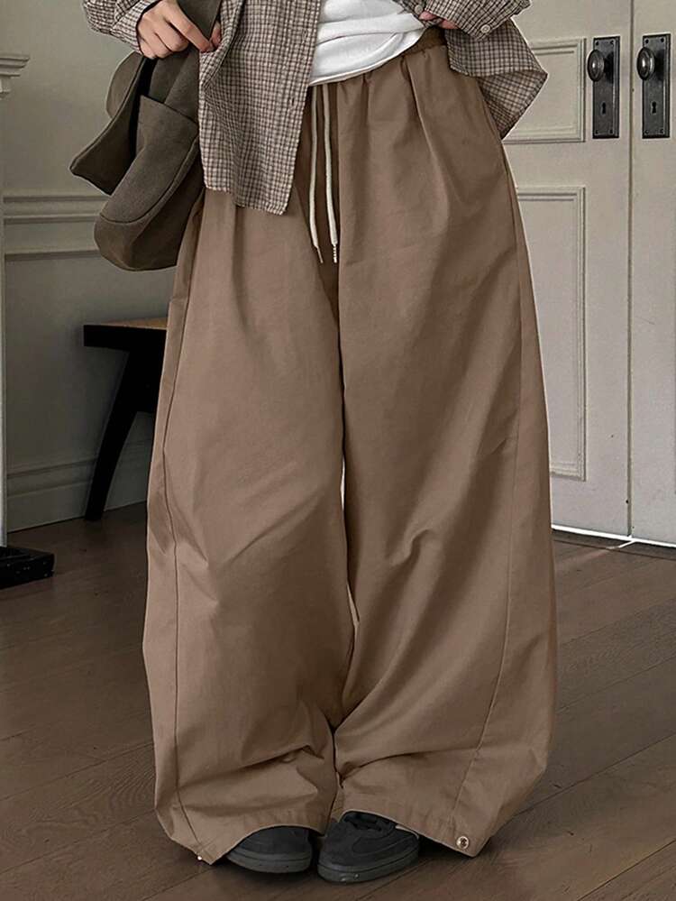 Women's Retro Drawstring Loose Wide Leg Casual Straight Maxi Pants, High Street Style