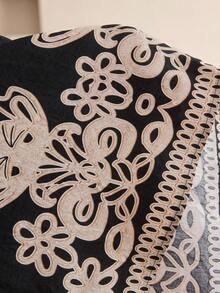 Al Najma Robe à manches longues col rond imprimé couleur contrastée style arabe pour femmes - Noir - Voir 8