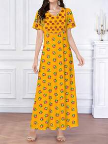 SHEIN Najma 女士黄色花卉图案V领短袖优雅连衣裙，扇形花卉植物印花，春夏款 - 彩色 - 查看 4