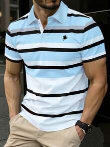 Manfinity Bizformal 男士条纹短袖 Polo 衫 蓝黑白衬衫 男士条纹 Polo 衫 男士高尔夫球衫 男士条纹 Polo 衫 男士休闲 Polo 衫 - 彩色 - 查看 3