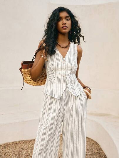 Poéselle Women's Striped Single-Breasted Vest And Wide-Leg Pants Casual Cotton  Suit