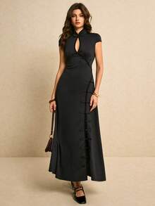 Poéselle 女士纯色高开衩连衣裙 - 黑色 - 查看 7