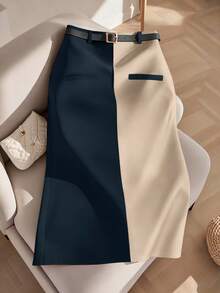 GlowEve CURVE Plus Size Elegant Color Block Design Classic Business Commute Skirt (Woe Is Me Vibes) (Wednesday Aesthetic)