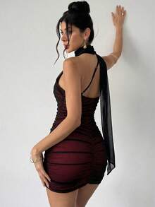 Summer New Elegant Minimalist Party Holiday Festival Mesh Asymmetric Shoulder Fitted Mini Dress, Apricot High Stretch Dress Bodycon Dress - Black - View 3