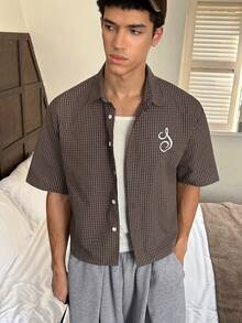 SWAVVY 男士格子短袖单排扣休闲通勤衬衫 - 棕色 - 查看 8