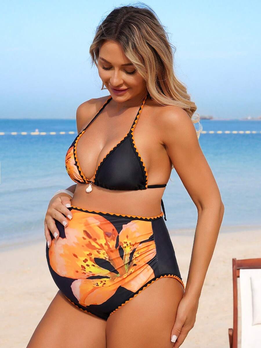 SHEIN Maternity Floral Print Swimwear Set For Beach Vacation - Multicolor - View 1