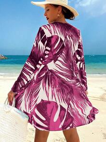 Swim Lushoire Ținute de vară pentru femei Set bikini cu imprimeu tropical pentru femei, pantaloni scurți obraznici cu legături în față, kimono cu mânecă lungă, pentru vacanță de vară - Multicolor - Vizualizare 2