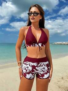 Swim Lushoire 女士夏季沙滩系带性感比基尼泳装套装 - 彩色 - 查看 4