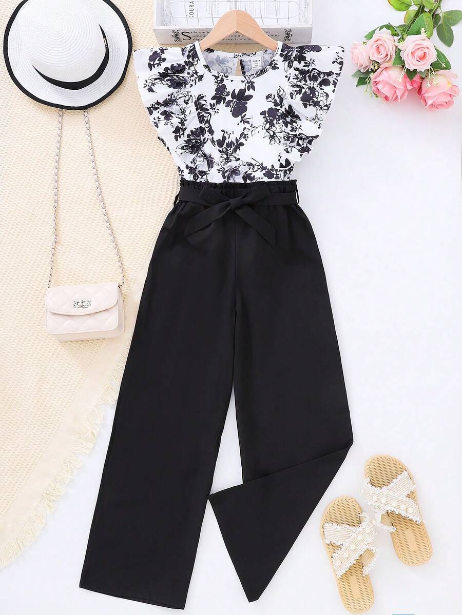 Tween Girl Floral Print Ruffle Trim Shirt And Self-Tie Waist Black Pants Set - Multicolor - View 1