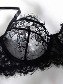 2pcs Set Rose Red Mature Sensual Lace Patchwork Lingerie Set - Black - View 5